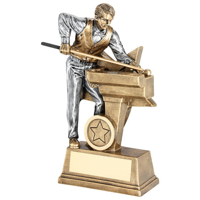 Bronze/Pewter Male Pool/Snooker Figure With Star Backing Trophy (1in Centre) - 9in