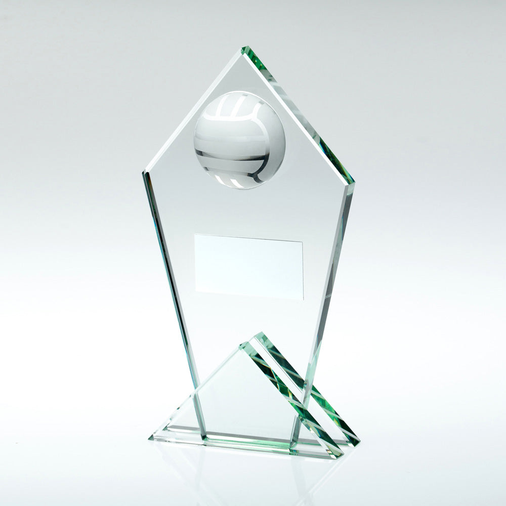 Jade Glass Award Pointed Plaque With Half Volleyball