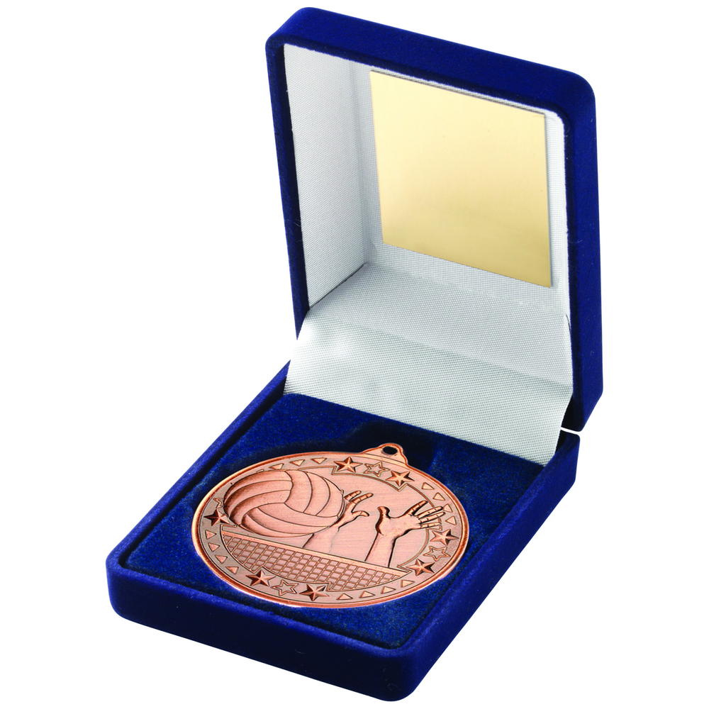 Blue Velvet Box And 50mm Medal Volleyball Trophy - Bronze - 3.5in