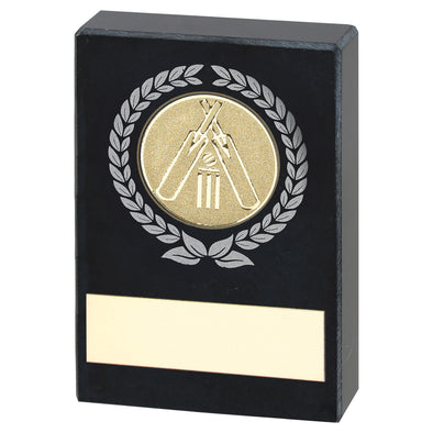Black Marble Block Trophy With Silver/Gold Wreath, Cricket Insert