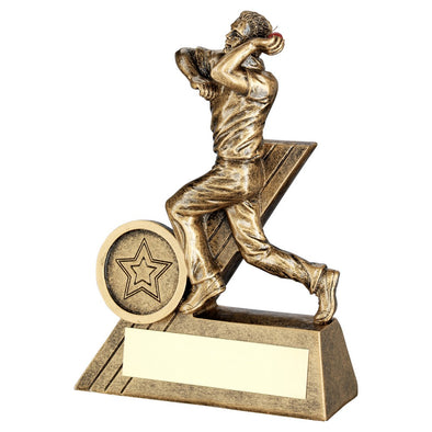 Bronze/Gold Mini Male Cricket Bowler Figure Trophy With Plate - 4in