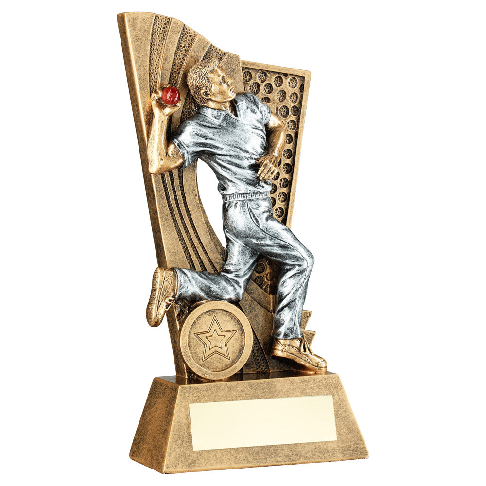 Bronze/Silver/Red Male Cricket Bowler Trophy On Backdrop