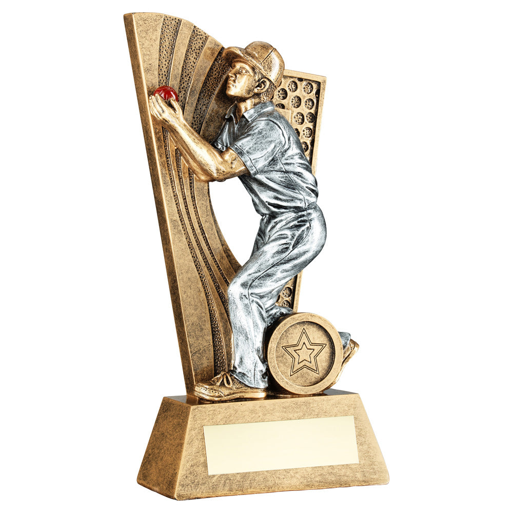 Bronze/Silver/Red Male Cricket Fielder Award On Backdrop