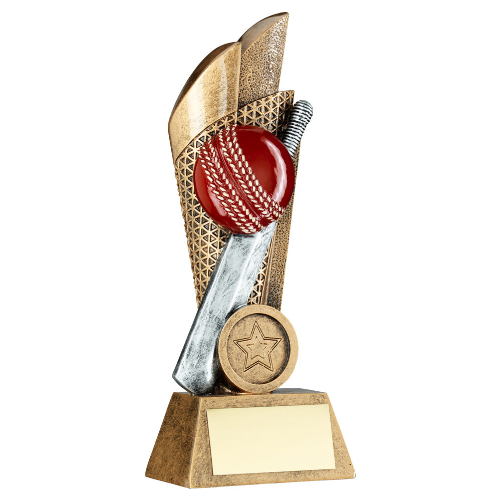 Bronze/Silver/Gold Cricket Ball And Bat Trophy On Mesh Backdrop