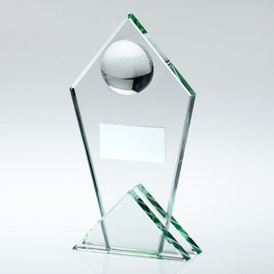 Jade Glass Pointed Plaque Award With Half Cricket Ball