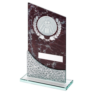 Brown Marble Printed Glass Plaque Award With Cricket Insert And Plate - 9in