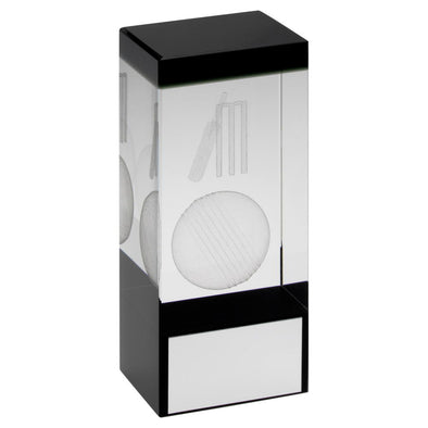 Clear/Black Glass Block With Lasered Cricket Image Trophy - 4in