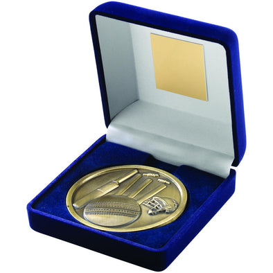 Blue Velvet Box And 70mm Medallion Cricket Trophy - Antique Gold 4in