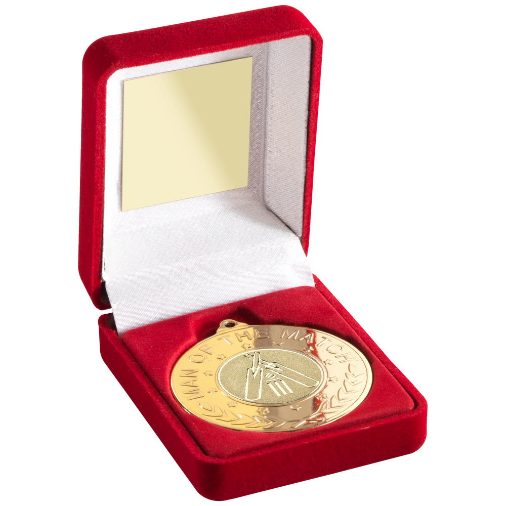 Red Velvet Box And 50mm Medal With Cricket Insert 'm.O.T.M' Trophy - Gold - 3.5