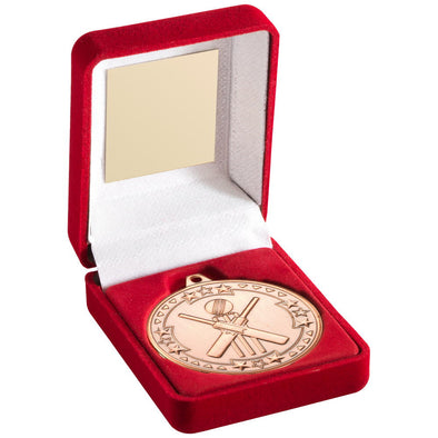 Red Velvet Box And 50mm Medal Cricket Trophy - Bronze 3.5in