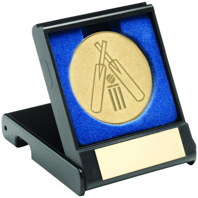 Black Plastic Box With Cricket Insert Trophy - Gold 3.5in