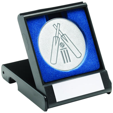 Black Plastic Box With Cricket Insert Trophy - Silver 3.5in