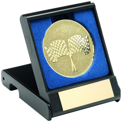 Black Plastic Box With Crossed Flags Insert - Gold - 3.5in