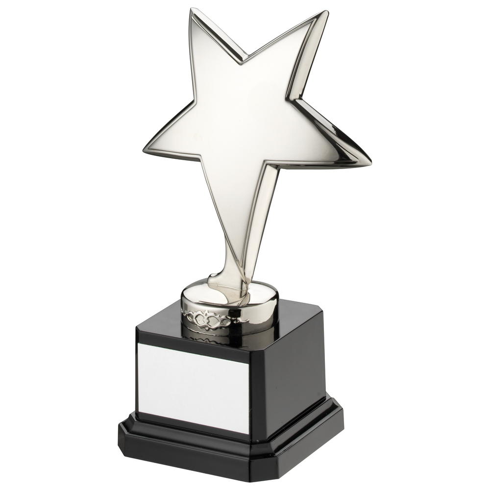 Silver Metal Star Award on Black Plastic Base