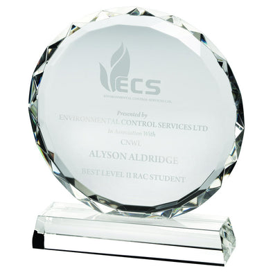 Personalised Glass Award - Circle With Faceted Edge On Base (25mm Thick) - 10in