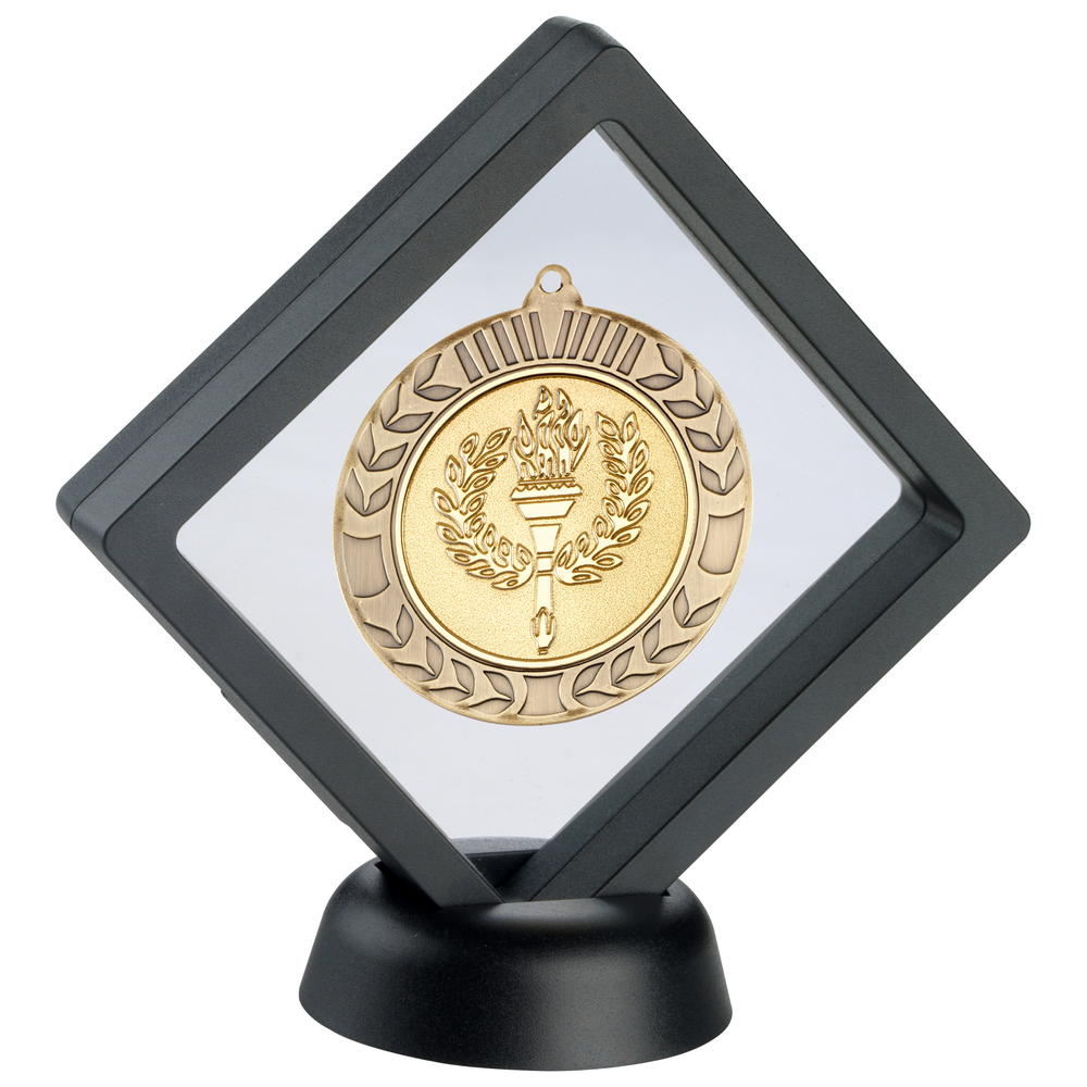 Black/Clear Plastic Medal Box With Stand - 6in (Not Suitable For Engraving)