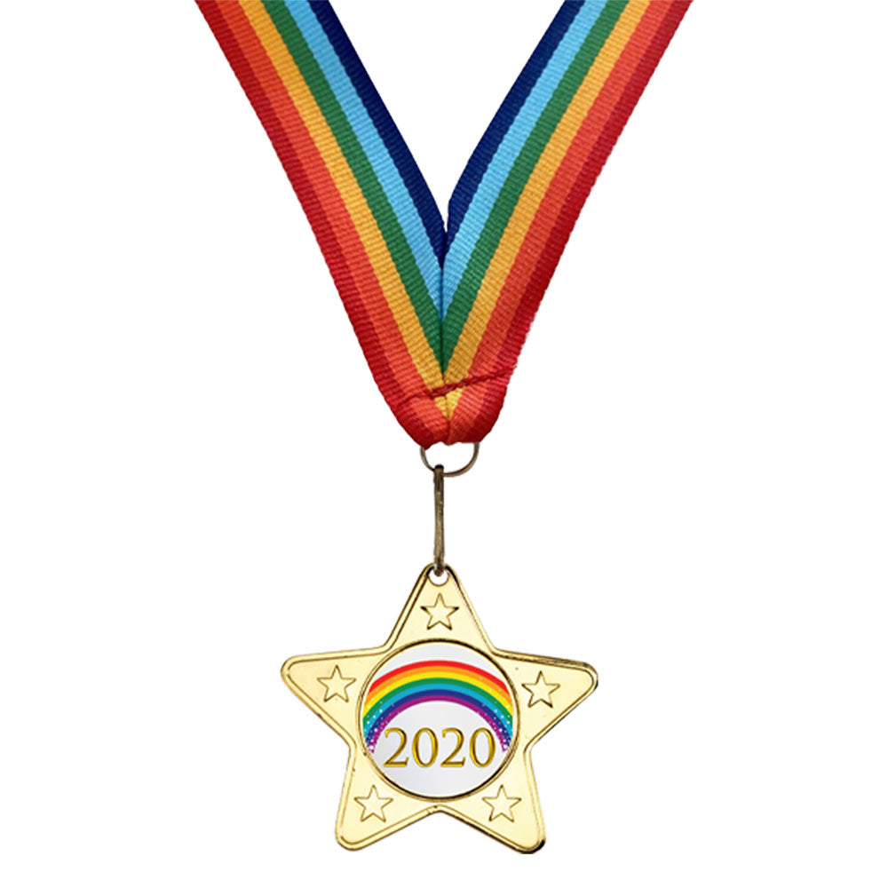 50mm Gold Star Medal - 2020 Rainbow With Ribbon