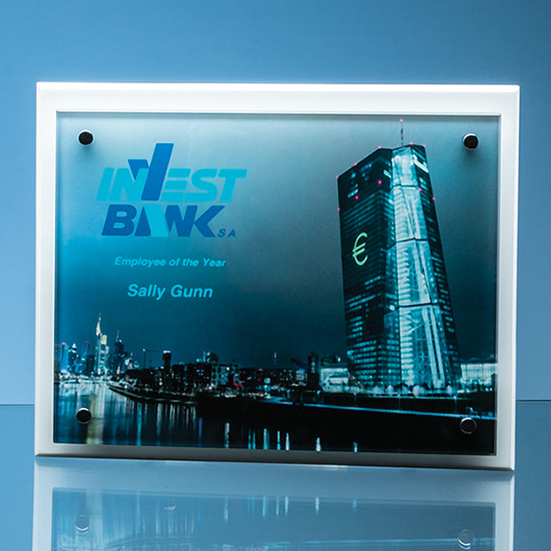 Colour Printed Clear Glass Rectangle Award on White Wood Plaque