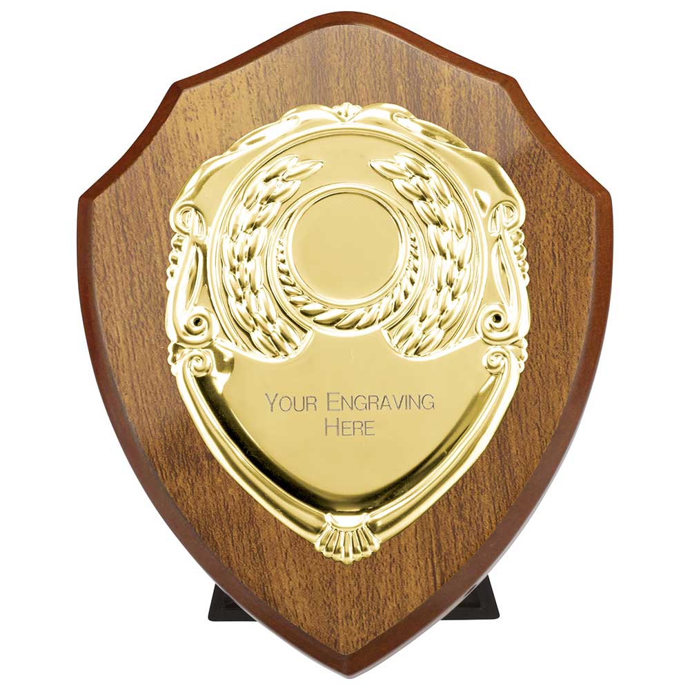 Aegis Wooden Shield with Engraved Front - Walnut & Gold