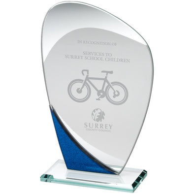 Jade Glass Award - Curved Plaque With Blue/Silver Detail - 7.25in