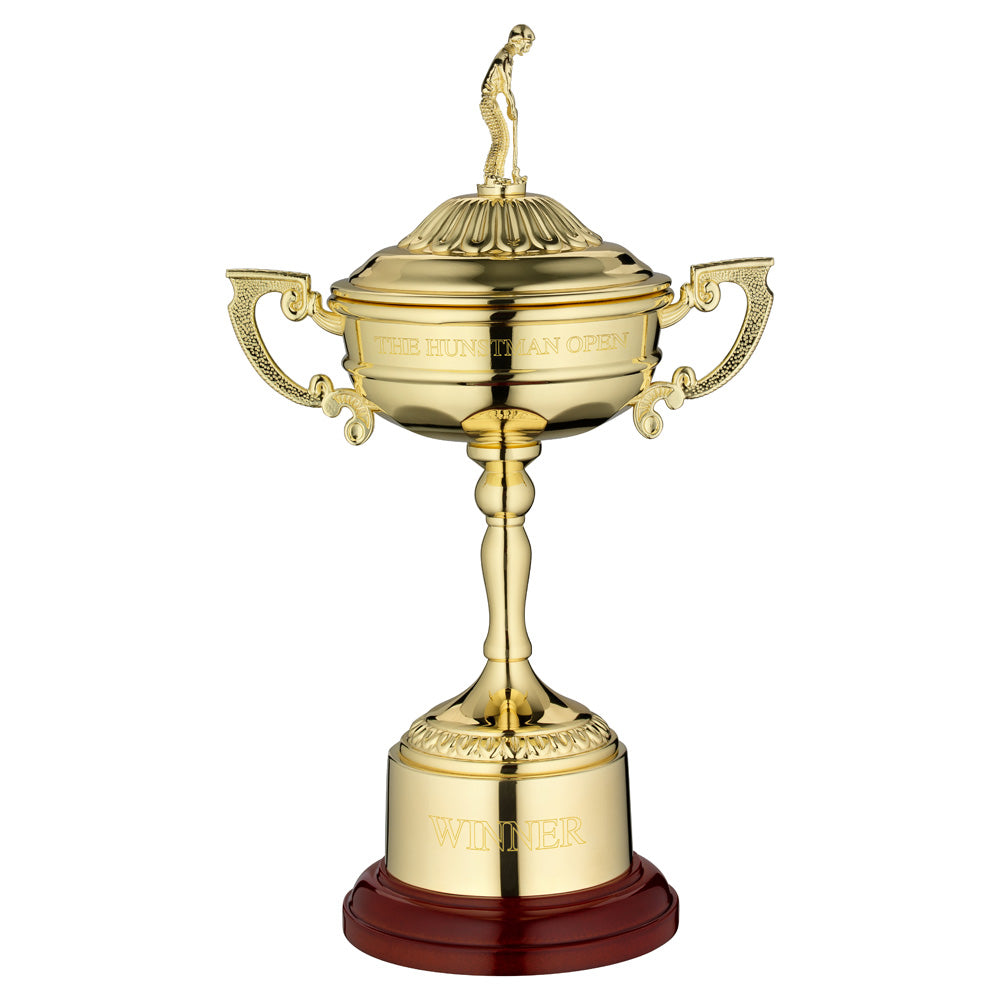 Gold Finish Personalised Metal Ryder Cup Award On Round Base With Plinth