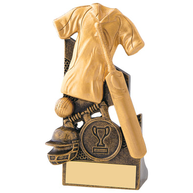 5" Gold Cricket Shirt and Bat Resin Trophy with Personalised Plate and 1" Centre