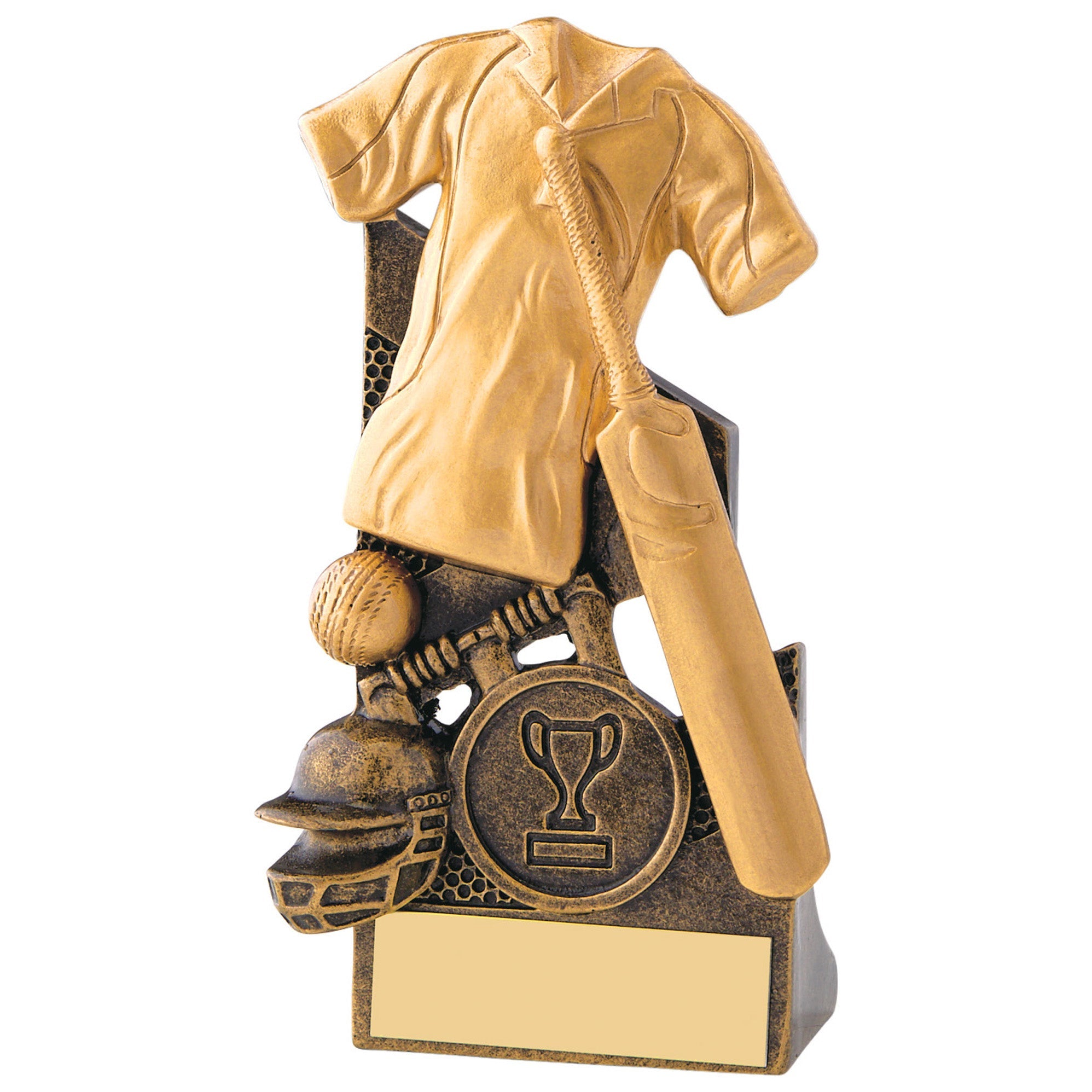 Gold Cricket Shirt and Bat Resin Trophy