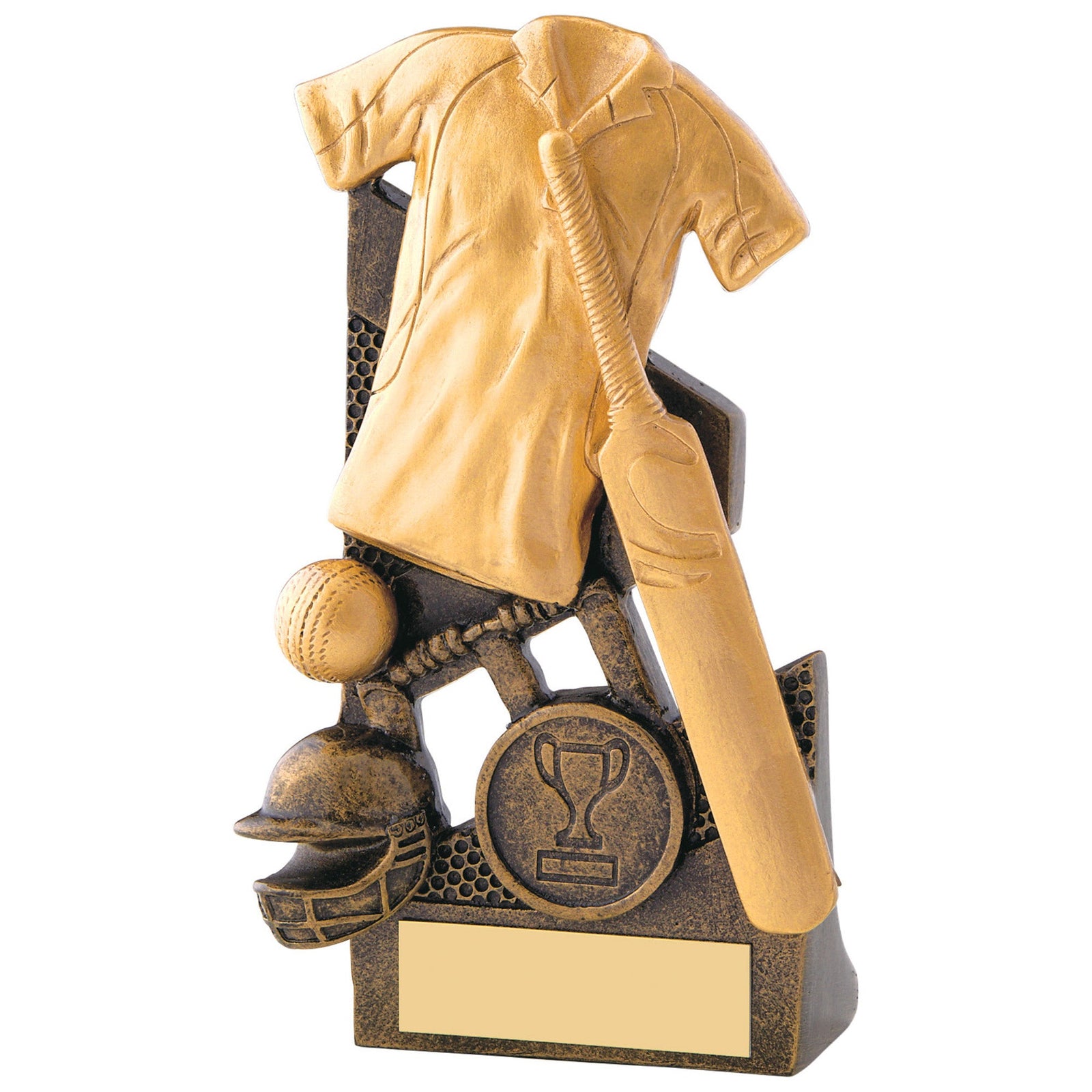 Gold Cricket Shirt and Bat Resin Trophy