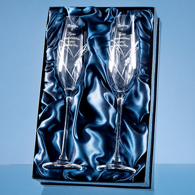 2 Diamante Champagne Flutes with Heart Shaped Cutting in a Gift Box