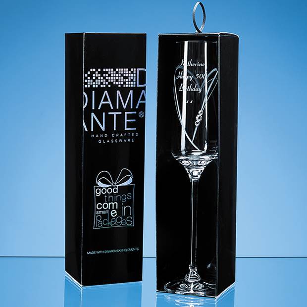 Just For You' Diamante Champagne Flute with Heart Shaped Cutting in an attractive Gift Box
