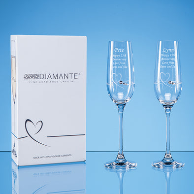 2 Diamante Petit Champagne Flutes with Heart Design in an attractive Gift Box