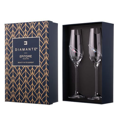 2 'His & Hers' Diamante Champagne Flutes with Orbital Design in a Satin Lined Gift Box