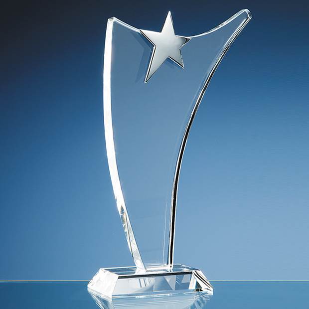 Engraved Crystal Swoop Award with Silver Star