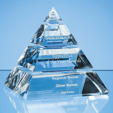 16cm Clear Optical Crystal Luxor Pyramid Award with 3 Cobalt Blue Lines
