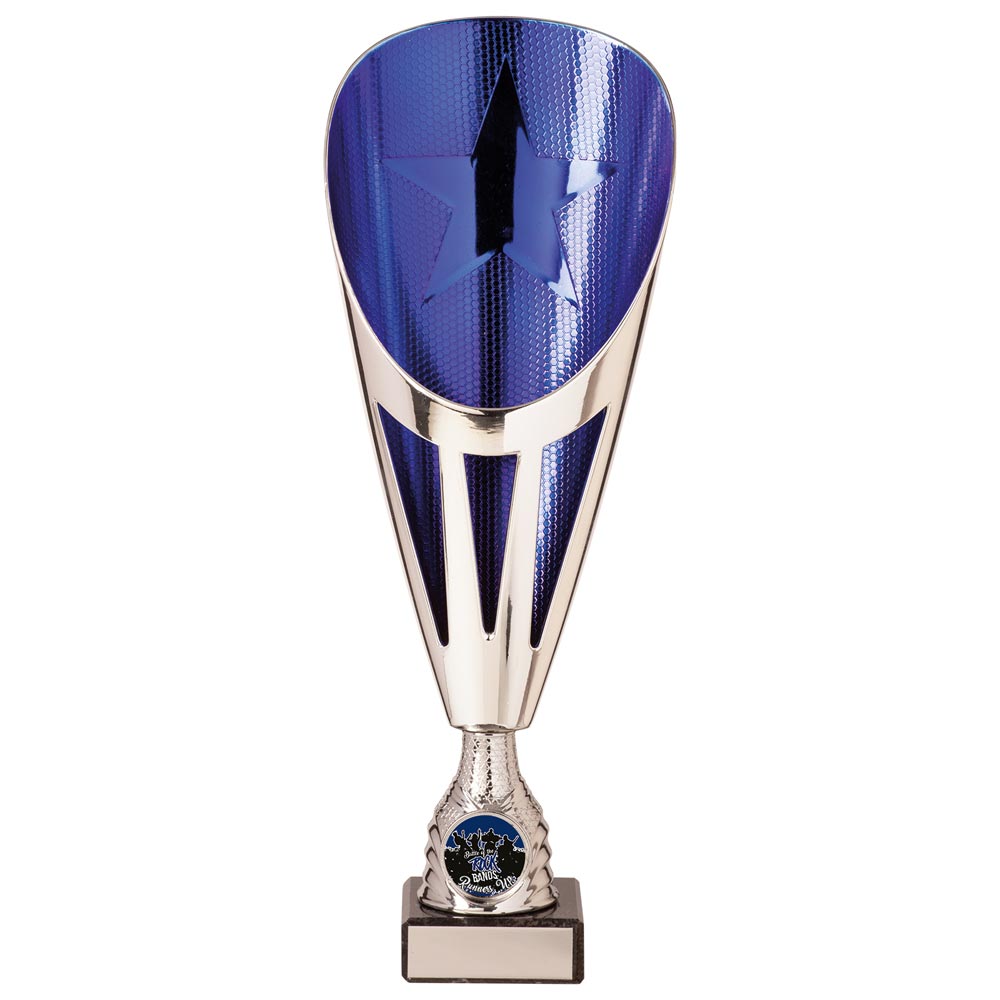 Rising Stars Plastic Laser Cut Trophy Cup - Silver & Blue