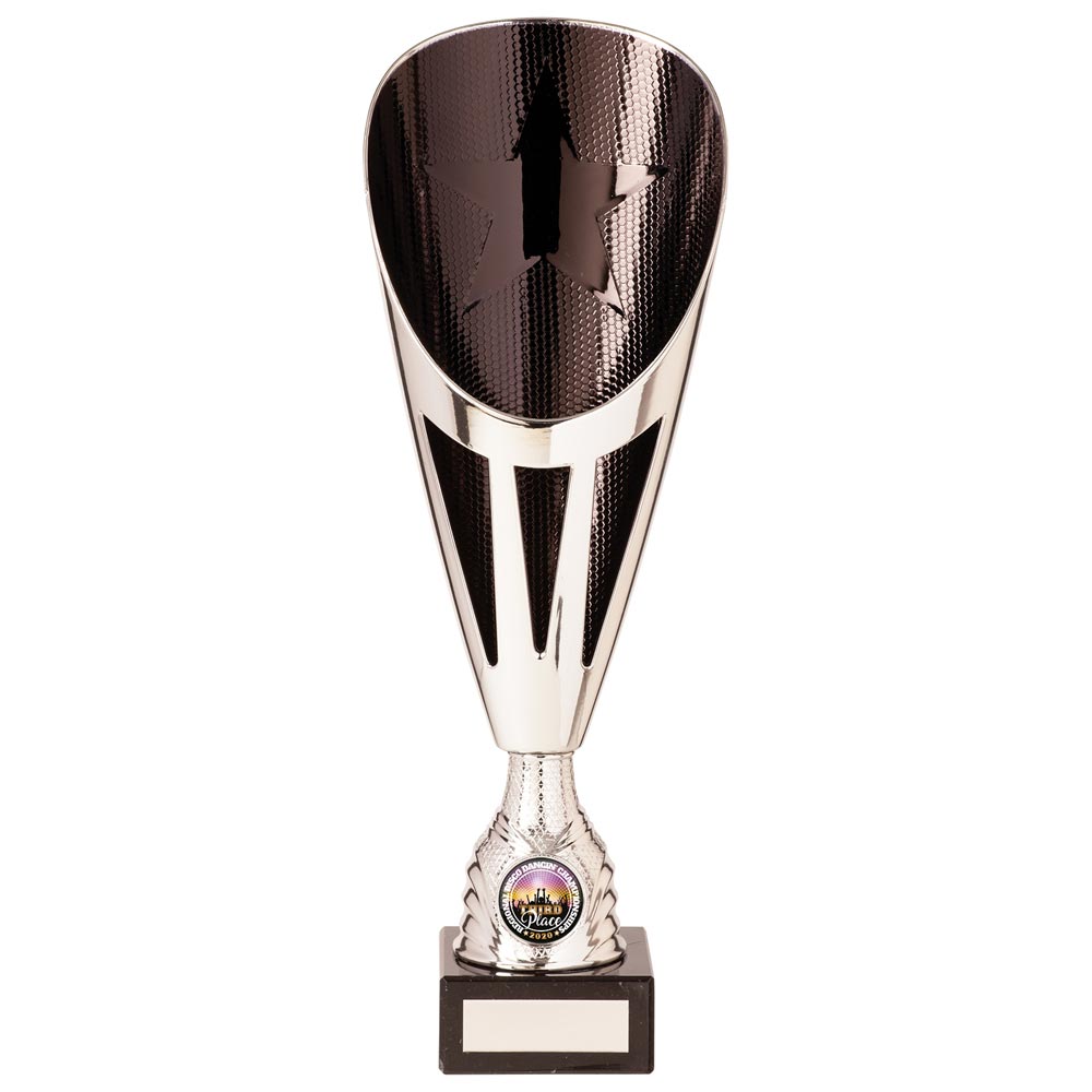 Rising Stars Plastic Laser Cut Trophy Cup - Silver & Black