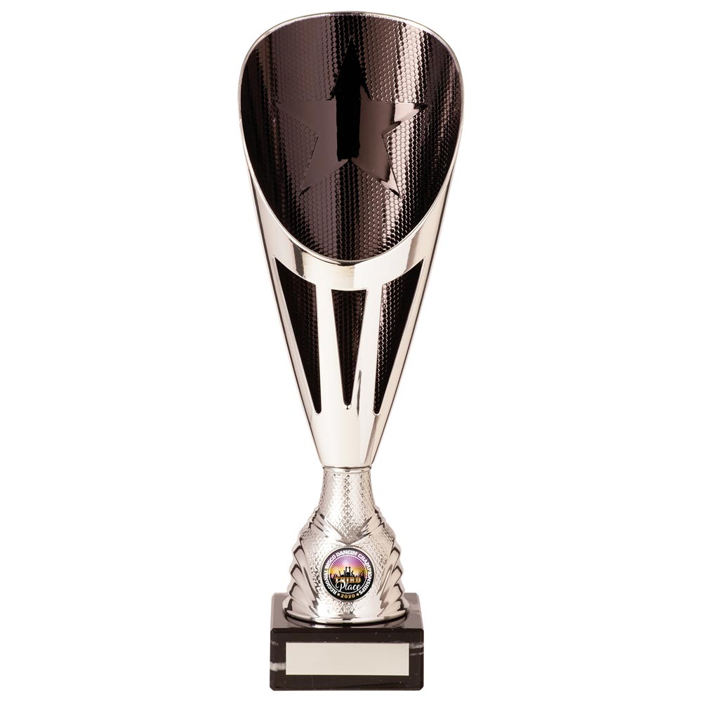 Rising Stars Plastic Laser Cut Trophy Cup - Silver & Black