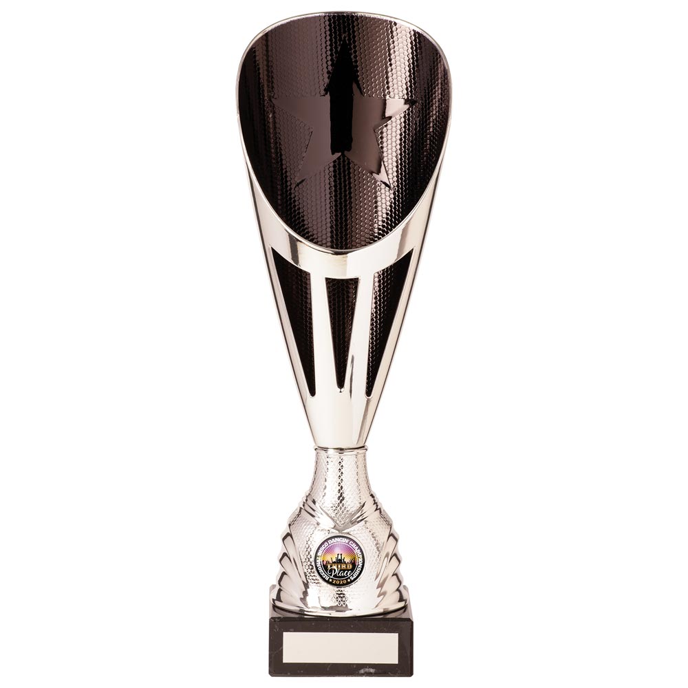 Rising Stars Plastic Laser Cut Trophy Cup - Silver & Black