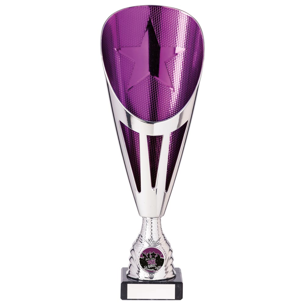 Rising Stars Plastic Laser Cut Trophy Cup - Silver & Purple