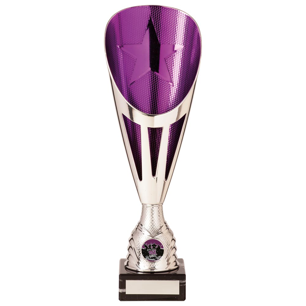 Rising Stars Plastic Laser Cut Trophy Cup - Silver & Purple