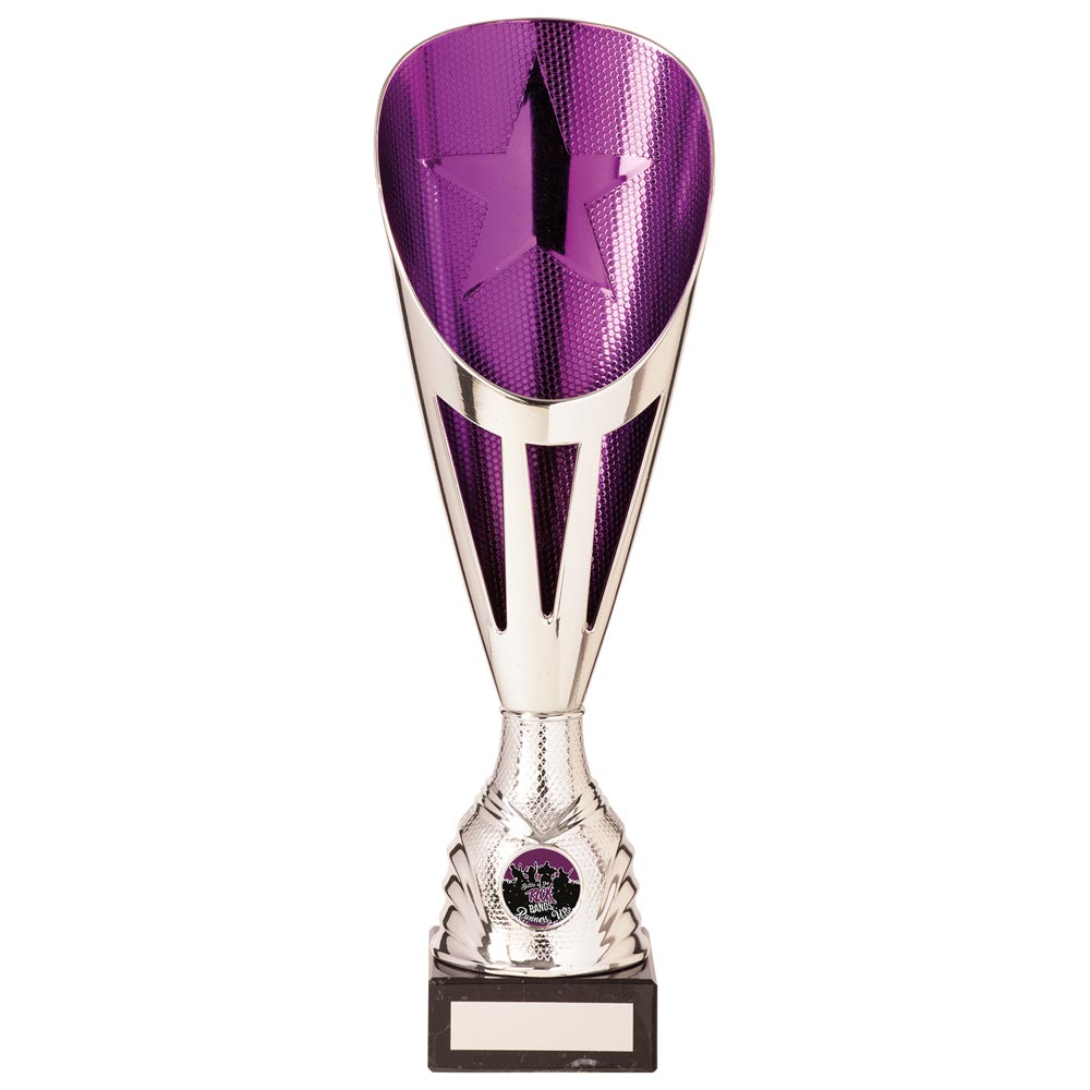 Rising Stars Plastic Laser Cut Trophy Cup - Silver & Purple