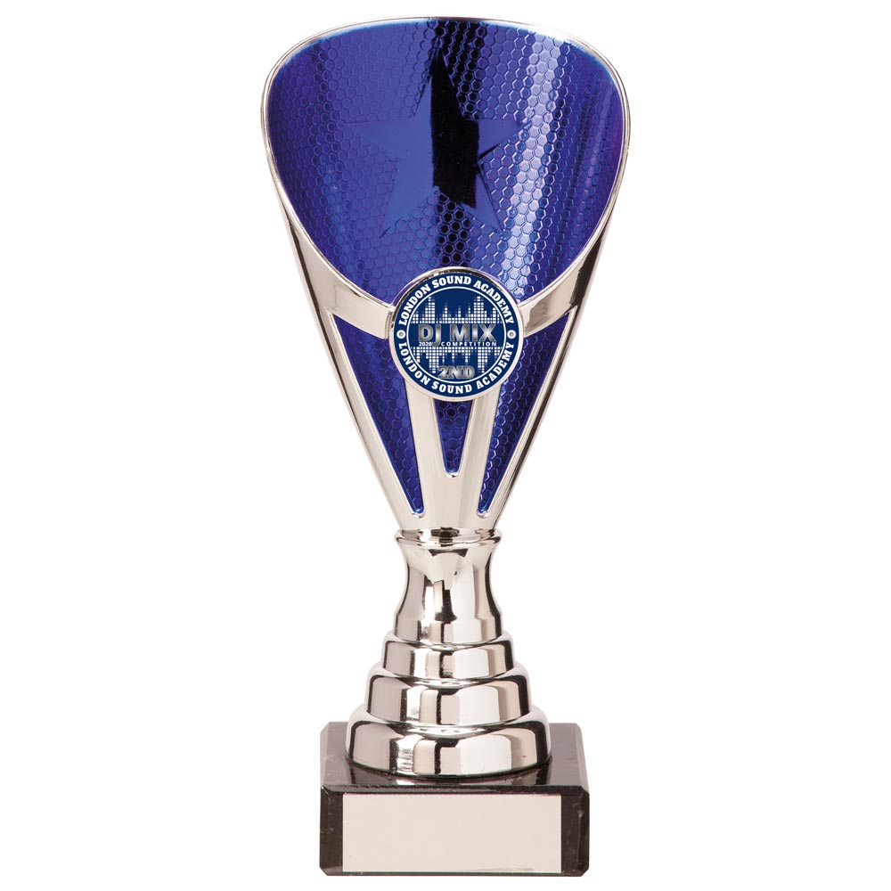 Rising Star Budget Laser Cut Plastic Trophy Cup - Silver & Blue