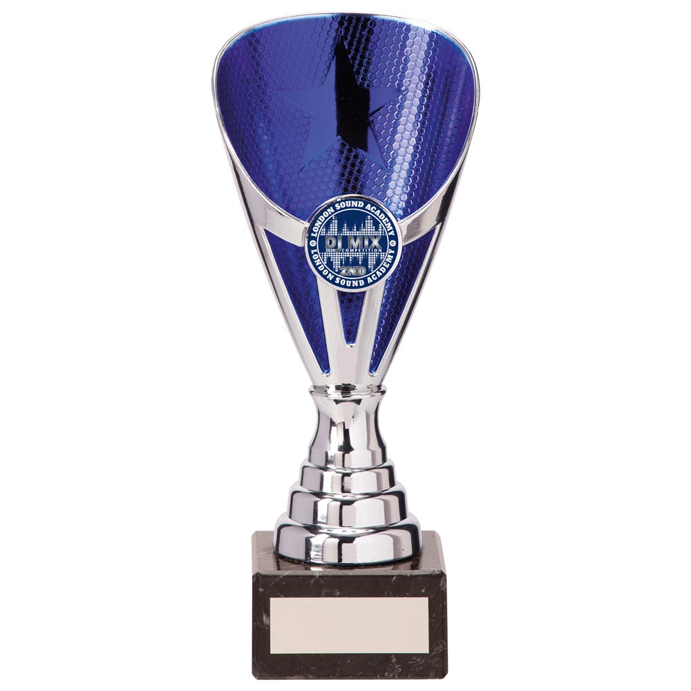 Rising Star Budget Laser Cut Plastic Trophy Cup - Silver & Blue