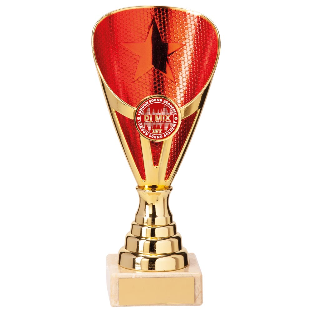 Rising Star Budget Laser Cut Plastic Trophy Cup - Gold & Red