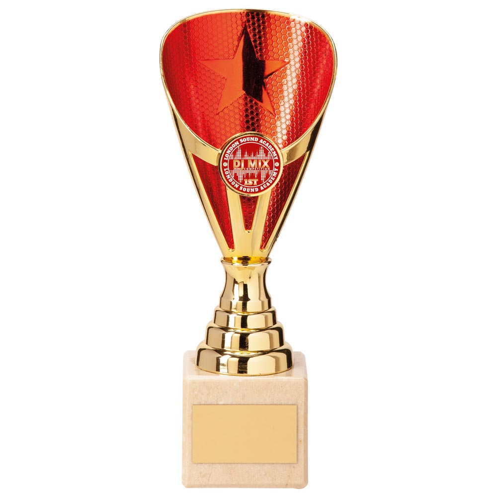 Rising Star Budget Laser Cut Plastic Trophy Cup - Gold & Red