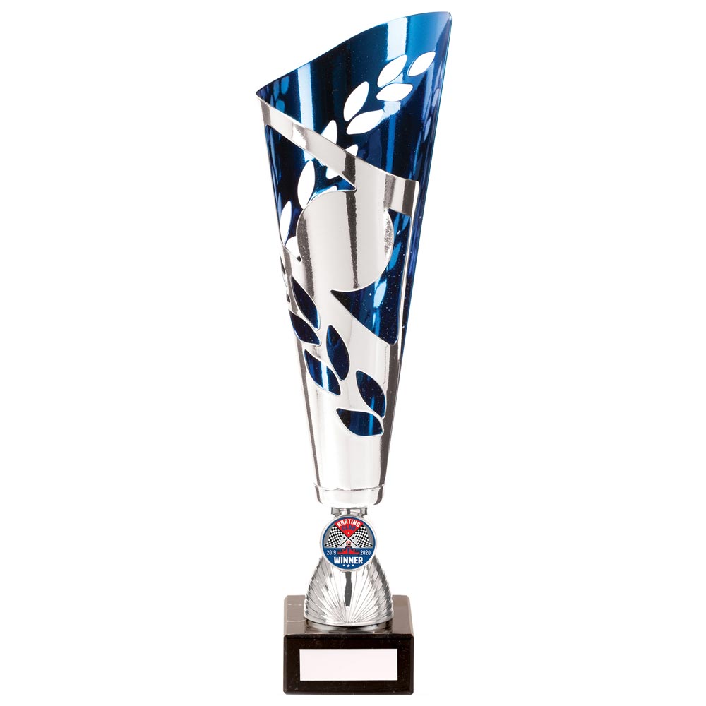 Zues Laser Cut Metal Trophy Cup - Silver & Blue