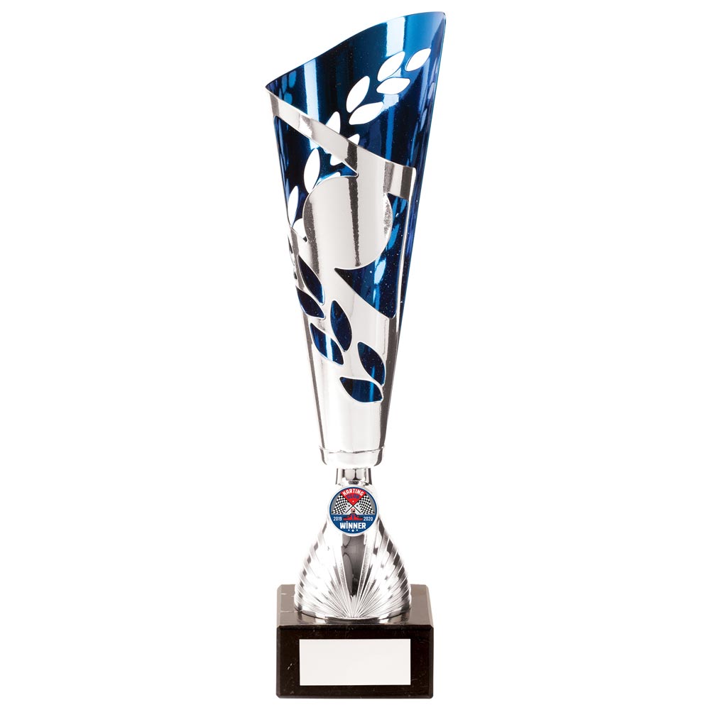 Zues Laser Cut Metal Trophy Cup - Silver & Blue
