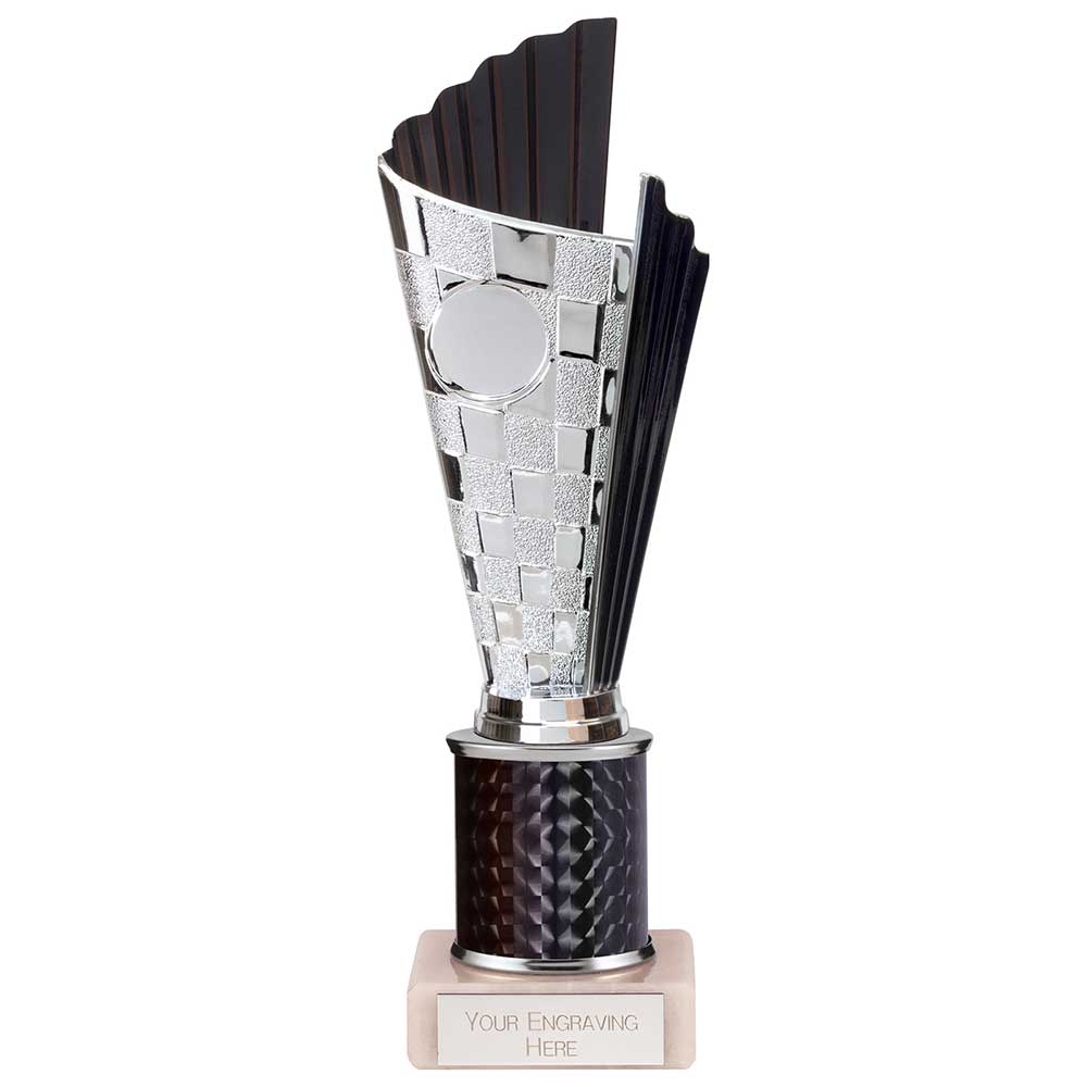 Flash Chequered Plastic Trophy Cup on Tube - Black (245mm Height)