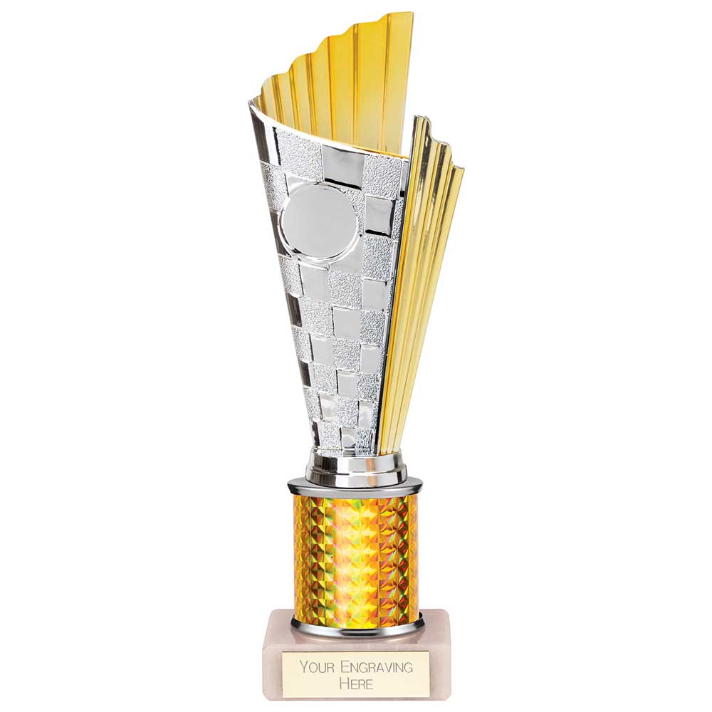 Flash Chequered Plastic Trophy Cup on Tube - Gold (245mm Height)