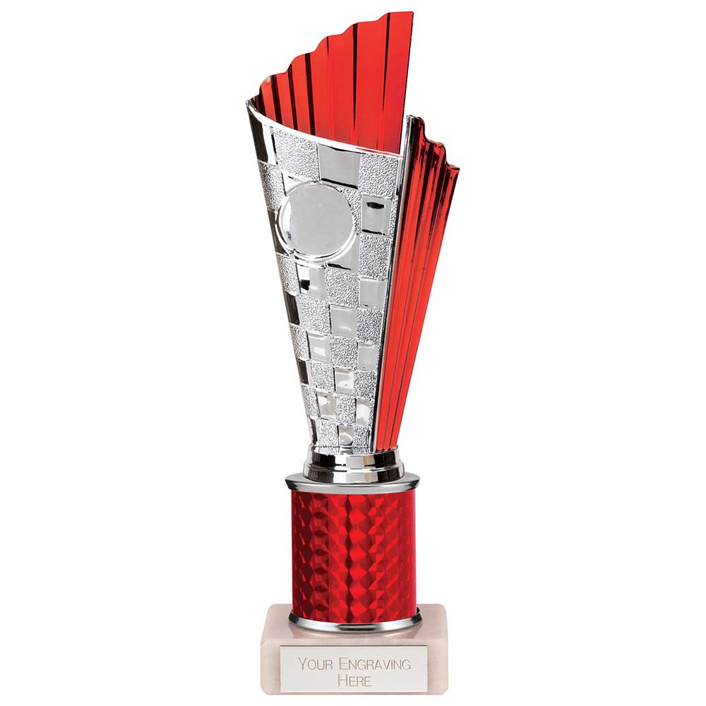 Flash Chequered Plastic Trophy Cup on Tube - Red (245mm Height)